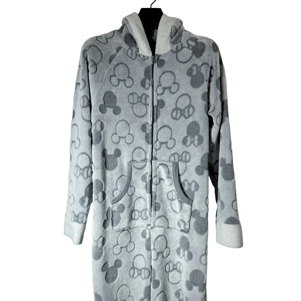 DISNEY Women's Grey Onesie Mickey Pattern Fleece Trimming Mickey Ears Hood M - Picture 3 of 8